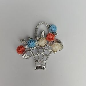 Vtg Silver Tone Rose Basket Acrylic Colorful Roses Grannycore Brooch